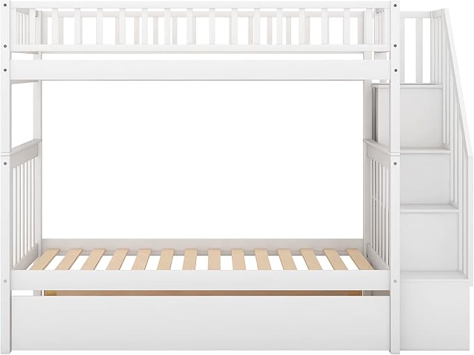 Twin Over Twin Bunk Beds with Staircase and Trundle Bed, No Box Spring Needed for Teens, Boys or Girls