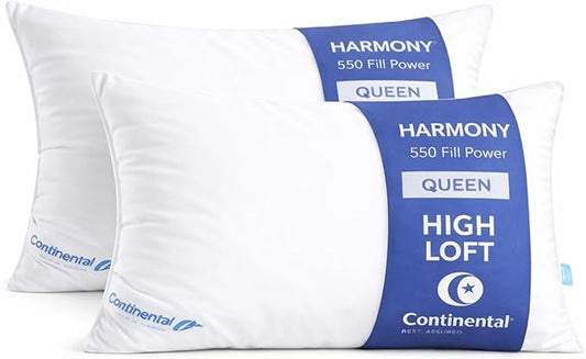 Continental Bedding Harmony White Goose Down Pillow 550 Fill Power Firm Loft 100% Cotton 300 Thread Count Shell Queen Size 2 Pack Made in USA