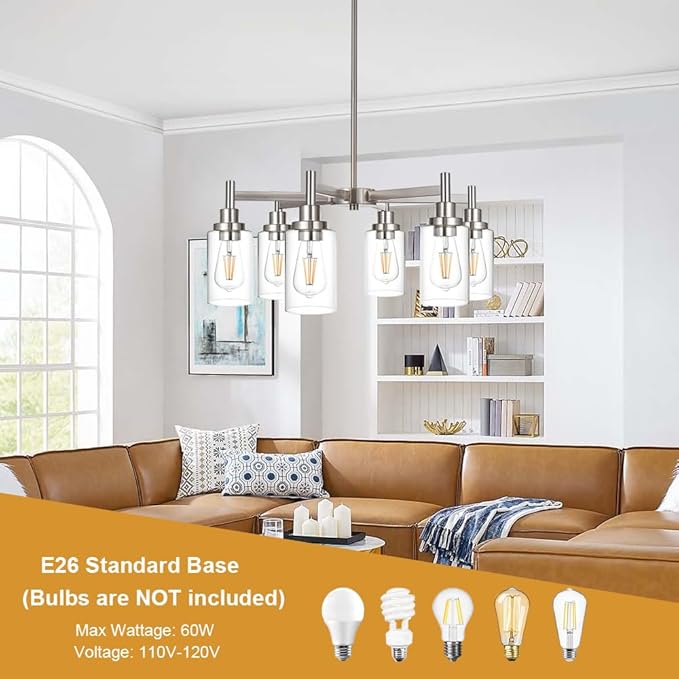 VINLUZ 6 Light Contemporary Chandelier Brushed Nickel Modern Pendant Lighting Cylinder Clear Glass Shaded Classic Ceiling Light Fixtures for Living Room Dining Room Kitchen