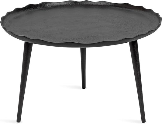 Kate and Laurel Alessia Modern Round Metal Coffee Table; 26 x 26 x 16; Black; Sand Cast Aluminum Coffee Table with Raised Deckled Edge for Storage and Display