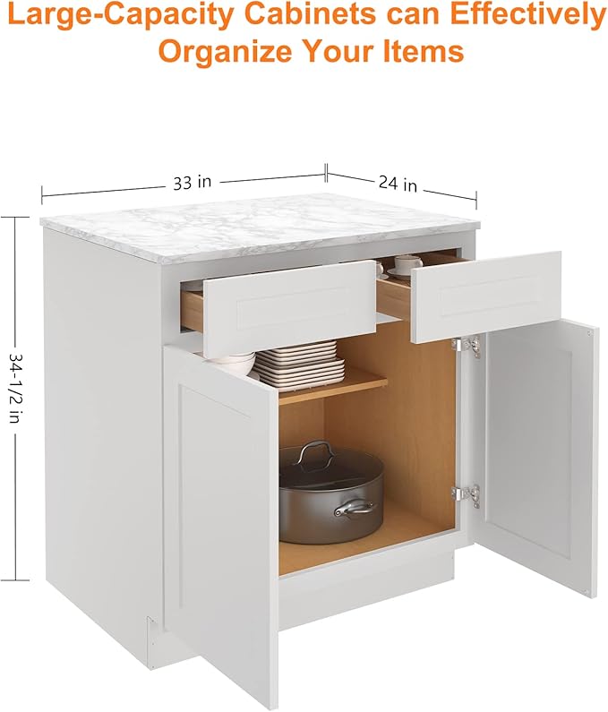 LOVMOR Kitchen Base Cabinets, Sideboard Storage Cabinet, Entryway Cabinet with 2-Drawers & Adjustable Shelf, 33" W X 24" D X 34-1/2"H (Light Gray)
