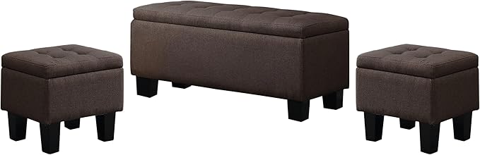 AC Pacific Tina Mid-Century Modern Tufted Storage Bench Lift Top with 2 Matching Ottomans, Upholstered Accent Seating for Living Room or Bedroom, Brown