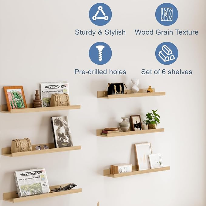 Wall Shelves for Living Room, Nursery Book Shelves Oak Bathroom Shelves Over Toilet Floating Shelves for Wall, Modern Wood Storage for Bedroom, Kid's Room, Kitchen, 24inch, Set of 6