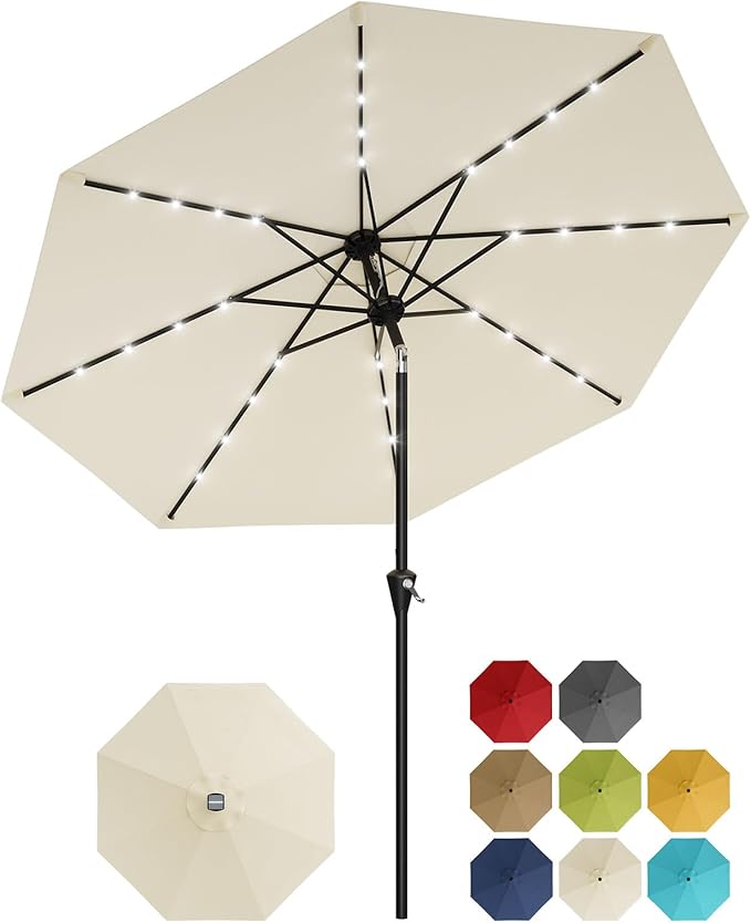 Garvee 9FT Solar Patio Umbrella with 32 LED Lights - Outdoor Table Umbrella with Crank Lift, Push Button Tilt and 8 Sturdy Ribs - Market Umbrella UV Protection for Pool, Deck, Yard, Garden -Beige