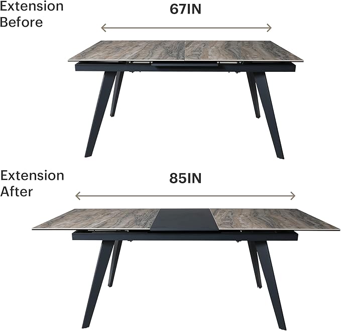 Acanva Expandable Dining Table for 6-8 Seat, Modern Rectangle Design with Extension Leaf for Kitchen Restaurant, Thicker Top and Carbon Steel Pedestal, 67’’(+18’’)x35.3’’x30’’, French Oak Grey/Black