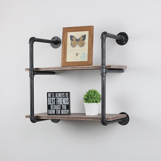 MBQQ Industrial Pipe Shelving Wall Mounted,24in Rustic Metal Floating Shelves,Steampunk Real Wood Book Shelves,Wall Shelf Unit Bookshelf Hanging Wall Shelves,Farmhouse Kitchen Bar Shelving(2 Tier)