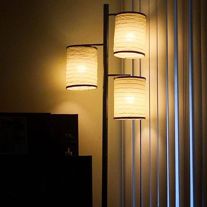 Brightech Liam Floor Lamp, Great Living Room Décor, Tree Lamp for Offices, Asian Lantern Shade Lamp for Living Rooms, Standing Light with 3 LED Light Bulbs for Bedroom Reading - Black