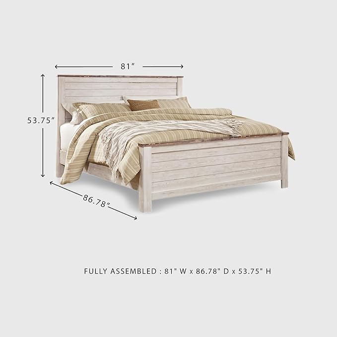 Signature Design by Ashley Willowton Casual King Panel Bed with Metal Slats, Foundation or Box Spring Needed, Whitewash