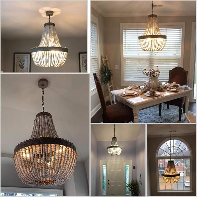 Newrays Wood Beaded Chandelier Pendant Three Lights Gray White Finishing Retro Vintage Antique Rustic Kitchen Ceiling Lamp Light Fixtures(18.52 in*21.3 in)