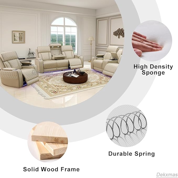 Power Reclining Sectional Sofa Set, Breathing Leather Sectional Power Recliner Loveseat with Cup Holders, Beige Reclining Loveseat with 2 Recliner Seats, Cup Holder, LED Light for Living Room