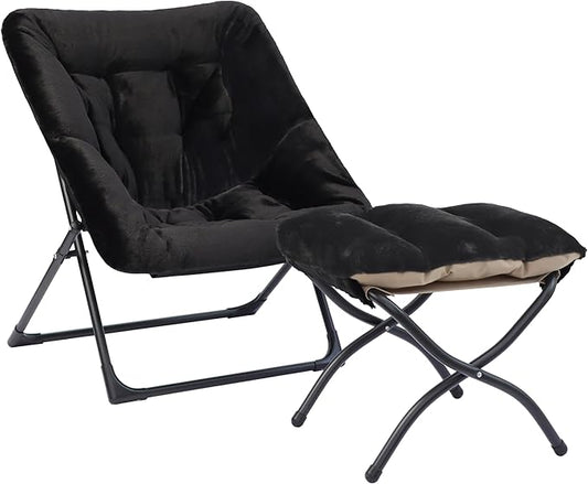 Comfy Saucer Chair for Adults, Soft Faux Fur Bedroom Chair with Ottoman, Accent Dorm Chairs, Living Room Reading Chairs and Footstool, Folding Seat for Teens, X-Large, Black