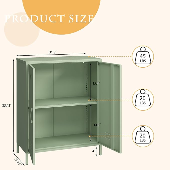 Metal Storage Cabinet with 2 Door, Steel Locker Sideboard Buffet Cabinet Console Table for Home Office (Green, H35.43'')