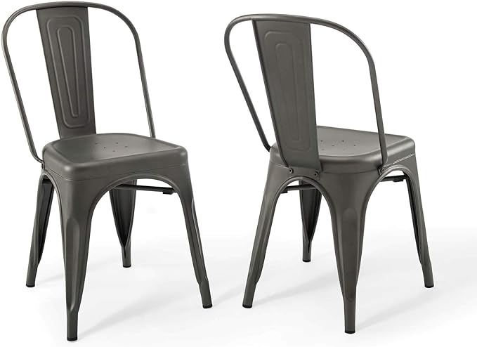 Modway Promenade Industrial Modern Steel Metal Bistro Dining Chairs in Gunmetal - Set of 2