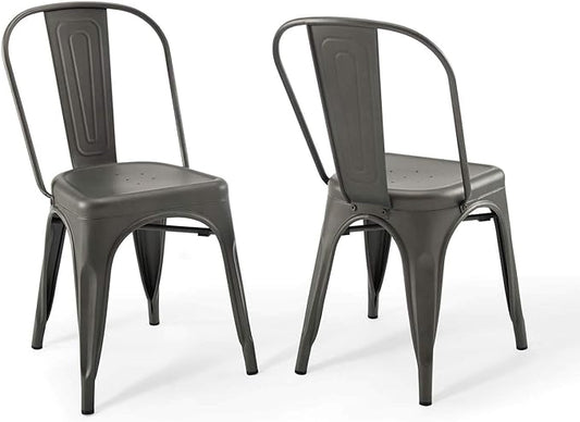 Modway Promenade Industrial Modern Steel Metal Bistro Dining Chairs in Gunmetal - Set of 2