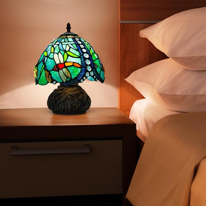JHuiLap Small Tiffany Stained Glass Lamp, 3 Color Temperatures Bedside Lamp, 8 Inch Mushroom Desk Light for Bedroom Living Room Office Home Decor (Wheat Pattern)