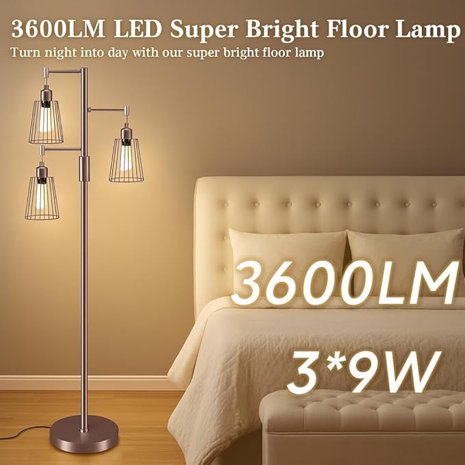 PESRAE Dimmable Industrial Floor Lamp, Farmhouse Floor Lamp Standing Lamp with 3 Elegant Teardrop Cage Heads & Included 3 x 1200LM Edison LED Bulbs, Tall Lamp for Living Room, Bedroom(Brown)
