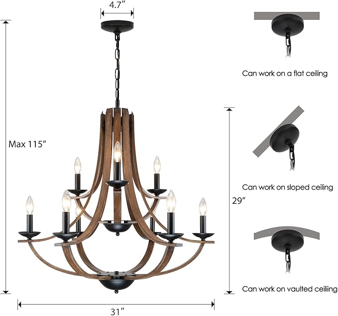 Farmhouse Chandeliers for Dining Room Light Fixture,2 Tier 9-Light 31" Adjustable Height Retro Faux Wood Texture Rustic Light Fixtures for Living Room Bedroom Foyer Entryway