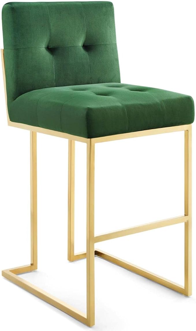 Modway Privy Gold Stainless Steel Performance Velvet Bar Stool, Emerald
