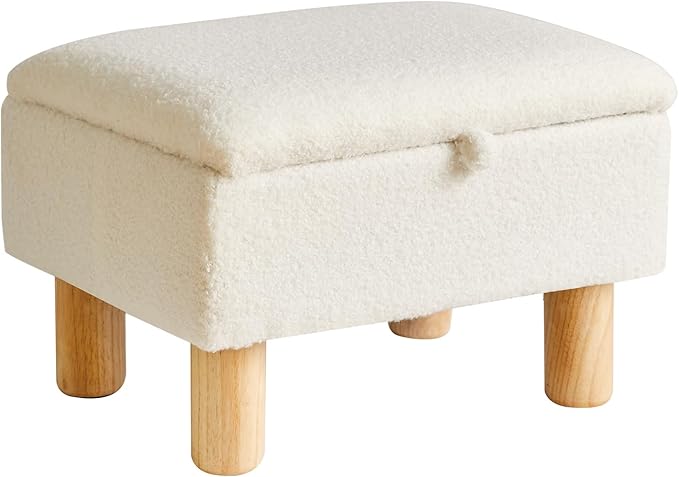 Ottoman with Storage - Small Foot Rest for Couch 16x12x9.5inch, Safety Hinge Flip Top Stool Load up to 330lb for Living Room Dorm - Teddy White YD-JD136W