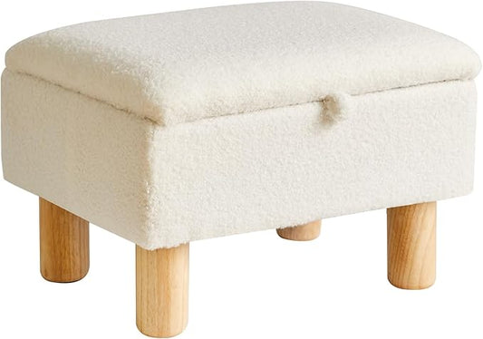 Ottoman with Storage - Small Foot Rest for Couch 16x12x9.5inch, Safety Hinge Flip Top Stool Load up to 330lb for Living Room Dorm - Teddy White YD-JD136W