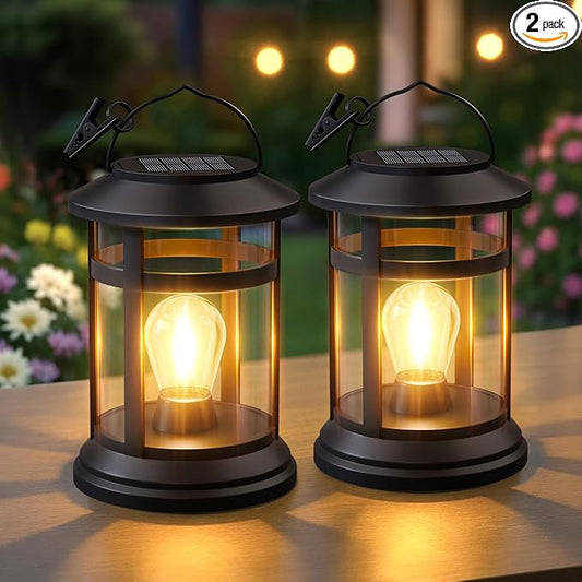 Solar Lanterns Outdoor Waterproof: 2 Pack Hanging Solar Lights for Outside Patio Porch Garden Tabletop Decor - Bright LED Warm White Solar Powered Lighting - Unique Gardening Gifts for Mom