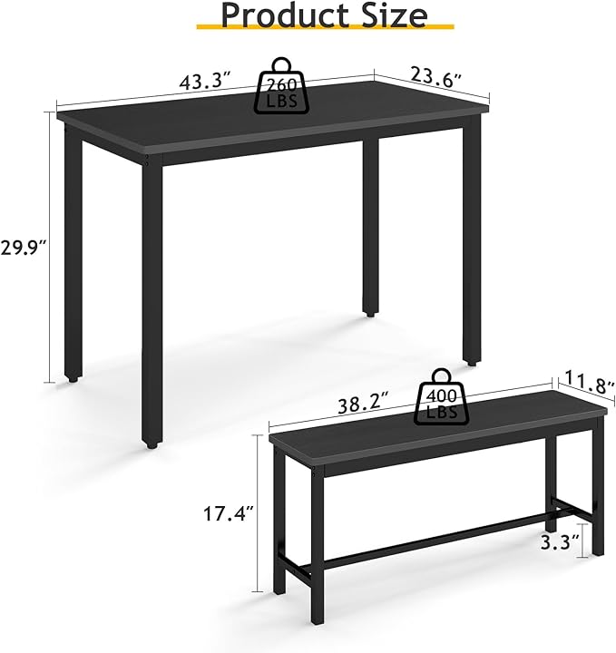 Rovibek 43" Dining Room Table Chairs Set for 4, Modern Space Saving Kitchen Table with 2 Benches & Adjustable Feet Breakfast Table, Wooden Industrial Style Farmhouse, Black