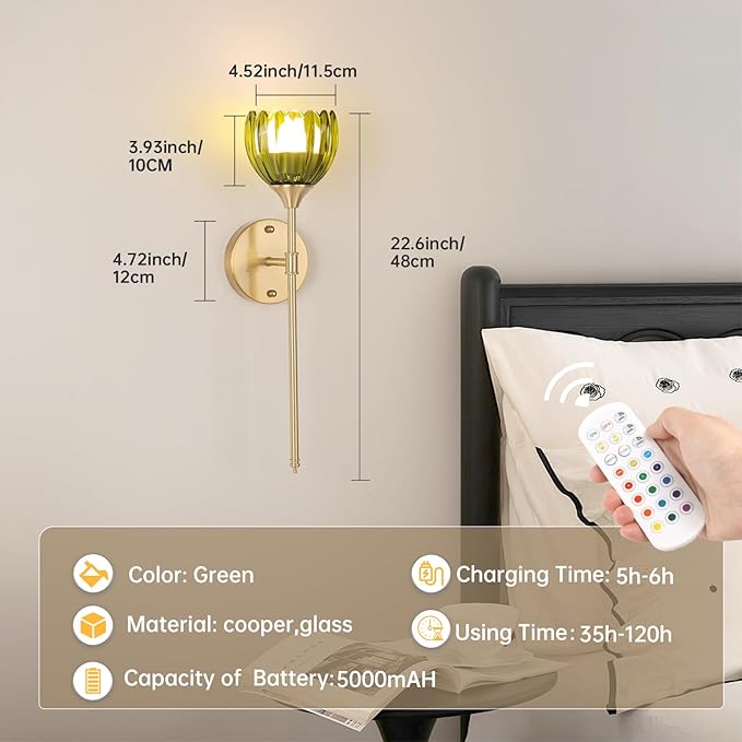 Battery Operated Wall Sconce Set of 2, Green Tulip Vintage Wall Light Fixture Rechargeable 5000mAh Battery Powered Wall Lamp with Remote for Living Room Bathroom