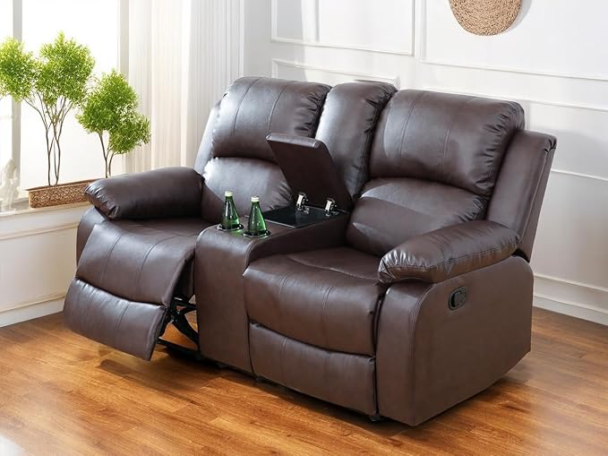 Manual Reclining Couch Bonded Leather Recliner Loveseat Couch 2 Seater Reclining Sofa Living Room Couch with Cup Holders/Storage Console/Lumbar Support for Home/Office/Rv Car (Brown, Loveseat)