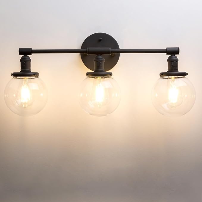 PERMO Vintage Wall Sconce Antique 3 Lights Modern Vanity Light Over Mirror Sconce with 5.9" Round Clear Glass Globe Shade (Black)