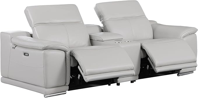 BlackJack Furniture Venice Top Grain Italian Leather Power Recline 8 Piece 5 Seater Sofa - 134" Theater Seating Modern Couch for Living Room Lounge with Adjustable Headrests & USB Port, Light Grey