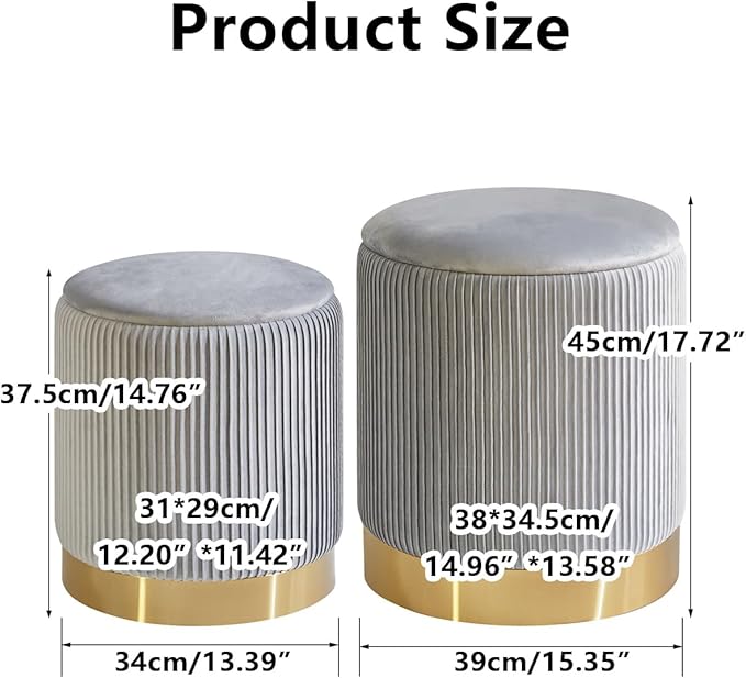 IBUYKE Round Storage Ottoman Set of 2 Ottoman for Dorm Vanity Stool with Storage Velvet FootStools End Table Boucle Ottoman for Home Organization Gray UWBD016G