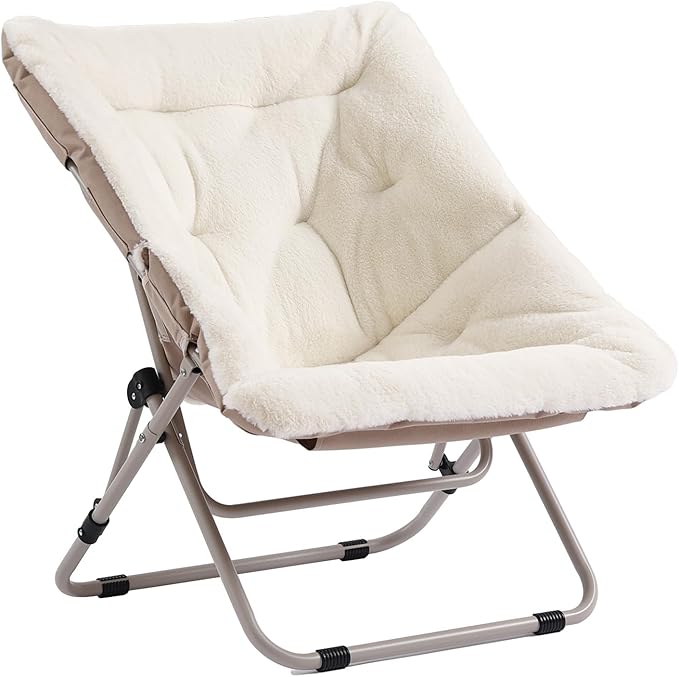 Saucer Chair, Comfy Bedroom Chairs, Oversized Folding Faux Fur Chair, Foldable Metal Frame Chair for Living Room, Balcony, Patio, Study, Playroom (Beige)