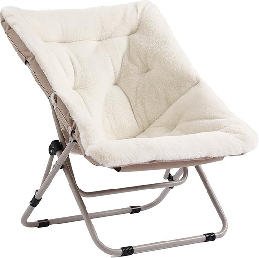 Saucer Chair, Comfy Bedroom Chairs, Oversized Folding Faux Fur Chair, Foldable Metal Frame Chair for Living Room, Balcony, Patio, Study, Playroom (Beige)