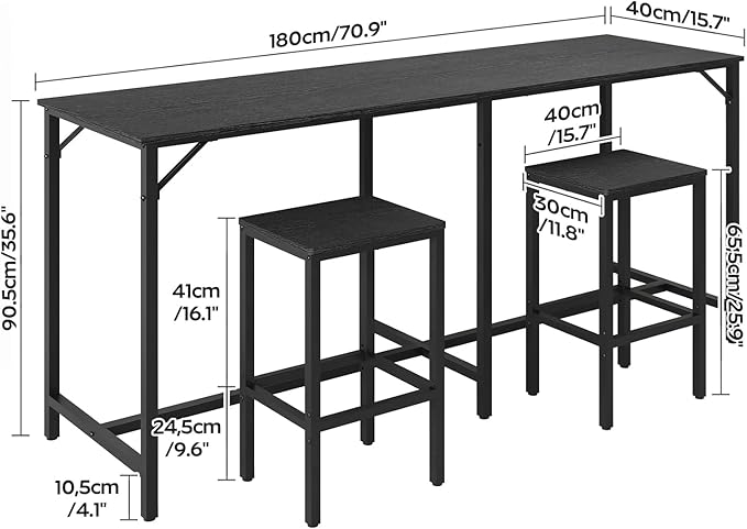 70.9" Bar Table and Chairs Set, Dining Table and Chair Sets, 3 Piece Counter Height Table and 2 Stools, Kithcen Table for Home Restaurant, Bar, Black BT09BB