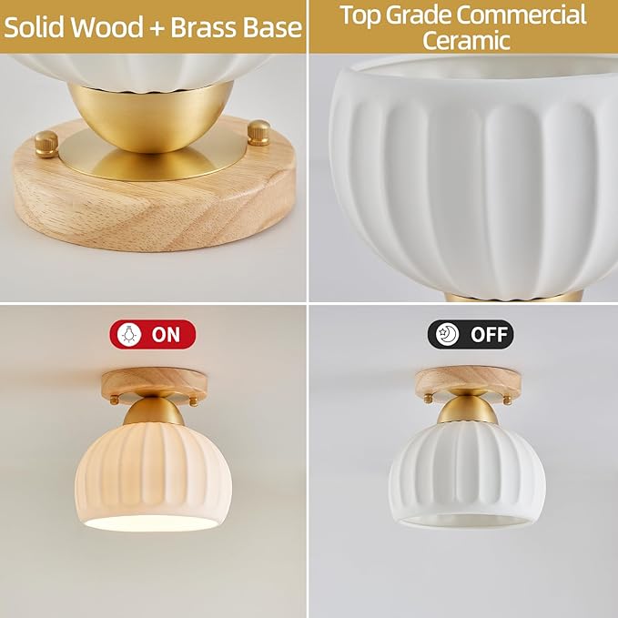 Ceramic Wood Brass Semi Flush Mount Ceiling Light Vintage Hallway Light Fixtures, Modern Small Ceiling Mount Light Lamp for Hall Kitchen Entryway Passway Porch Foyer