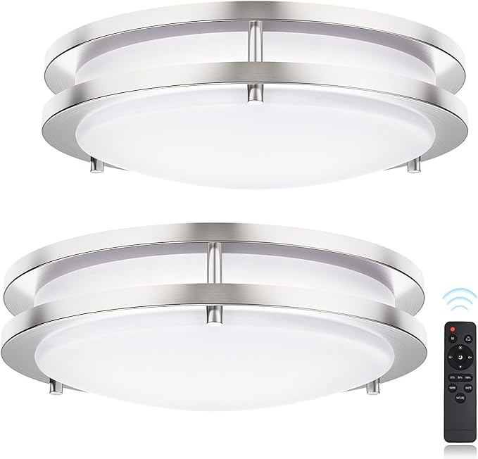 Flush Mount Ceiling Light with Remote: 2 Pack16 Inch Lights fixture, 3000K-4500K-6000K Adjustable 3 Color Temperature, Dimmable Lighting Fixtures for Kitchen Bedroom Hardwired Installation (Silver)
