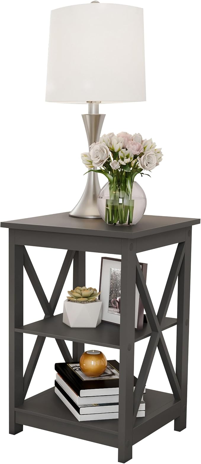 Side Tables with Two Shelves – Set of 2 Contemporary Nightstands with X-Legs – Wooden End Table Pair for Living Room or Bedroom by Lavish Home (Gray)