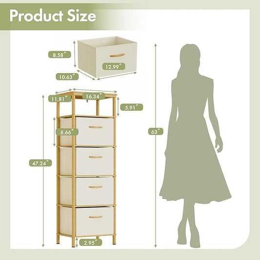 Bamboo Tall Skinny Dresser, Small Space Storage Narrow Dresser, 4 Large Water-Resistant Fabric Drawers, Small Dressers, for Bedrooms, Living Rooms, Hallways