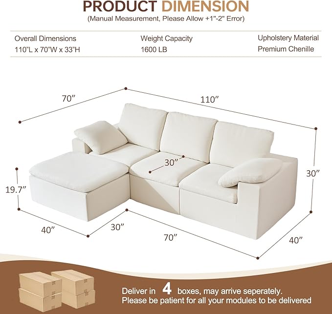 HonTop 110" L Shaped Modern Sofa Boneless Modular Sectional Cloud Couch with Ottoman, 4-Seat Chenille Deep Seat Sofa for Living Room, Bedroom and Apartment, No Assembly, Beige | No Assembly Required, 30" Deep Seat, Family Pet-Friendly, Flexible Modular...