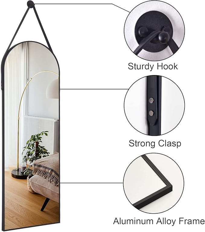 HARRITPURE 16"x48"Arched Mirror with Hanging Leather Strap Full Length Mirror Aluminum Frame Wall-Mounted Arch Hanging Mirrors for Bathroom Vanity Living Room Bedroom Entryway Decor