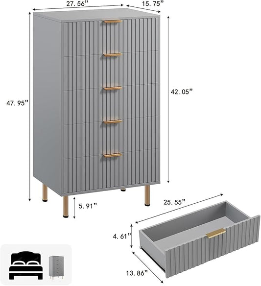 GarveeHome Fluted 5 Drawer Dresser for Bedroom, 48 in Tall Modern Chest of Drawers with Deep Drawers and Wide Top, Wooden Dresser Organizer for Living Room, Hallway, Kids Room, Grey