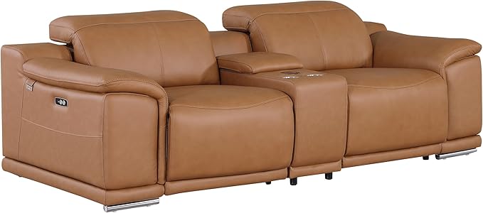 BlackJack Furniture Venice Top Grain Italian Leather Recliner 7 Seater 6 Power Reclining 3 Piece Sofa Set with Adjustable Headrests Modern Seating Sofa, Loveseat and Chair for Living Room , Cognac