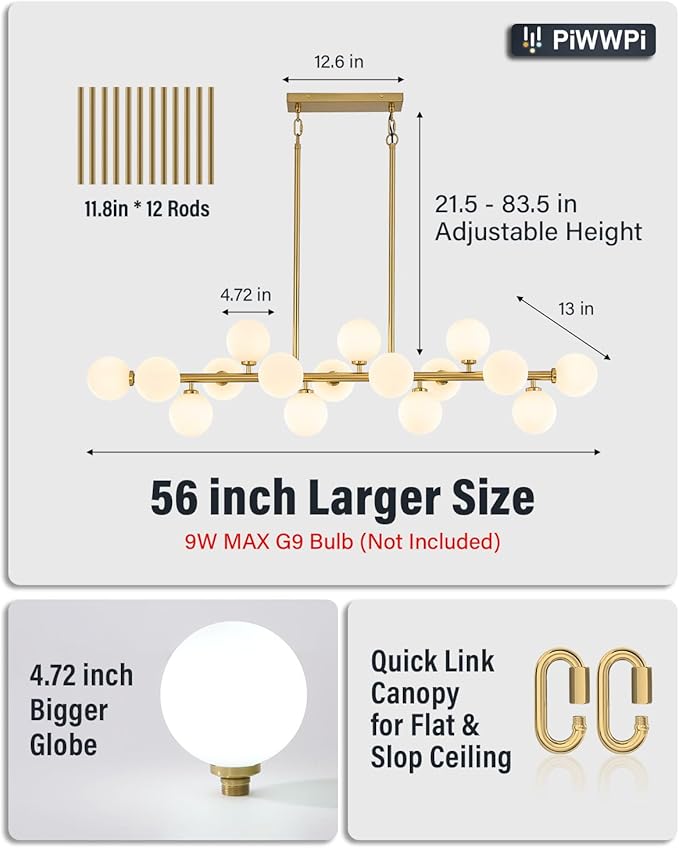 55" Long Brass Gold Chandeliers for Dining Room Kitchen Island, Large Globe Sputnik Linear Chandelier, 16 Lights Mid Century Modern Light Fixture Over Table, Milk White Bubble, GC-08