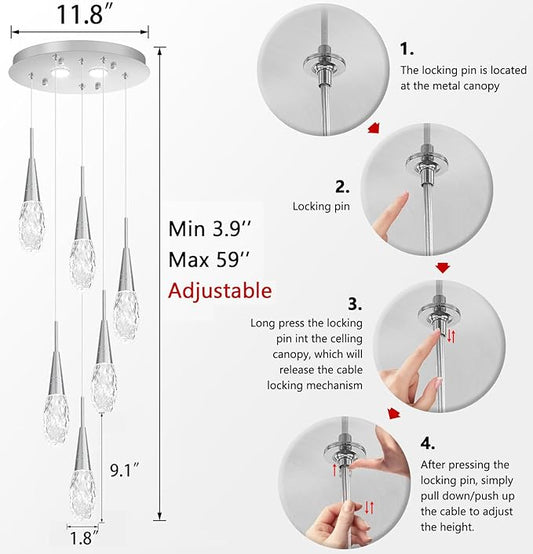 6-Lights Adjustable Pendant Lights for Kitchen Island LED Dimmable Light Fixture Modern Glam Crystal Hanging Lighting for Dining Room Bedroom Silver