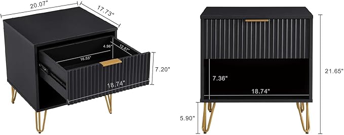 Manhattan Comfort Dumbo Modern Nightstand 1.0 with 1 Drawer and Metal Feet | Splayed Gold Legs | Vertical Ribbed Design | No Tool Assembly Storage for Bedroom & Living Room, Set of 2, Black