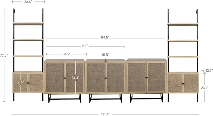 Nathan James Kova Boho Rattan Entertainment Center with Bookshelves and Storage Cabinet, Bookcase TV Stand Wall Unit, Fits TVs Up to 75 in. in Light Oak Finish