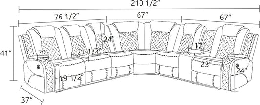 Power Recliner Sectional Couch for Living Room, Breathing Leather Reclining Sectional Sofa, 6 Seat L Shaped Reclining Couch with LED Lighting/Cup Holders/Strorage/USB Port (Wine Red)