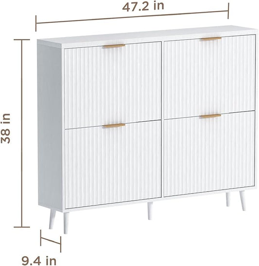Shoe Cabinet Storage,Modern Freestanding Organizer with 4 Flip Drawers,Narrow Shoe Rack Cabinet for Entryway,White
