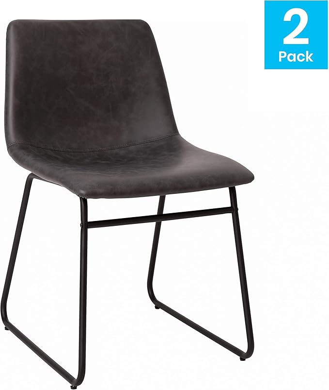Taylor & Logan Butler 18 inch Dining Table Height Chair, Mid-Back Sled Base Dining Chair in Dark Gray Faux Leather with Black Frame, Set of 2