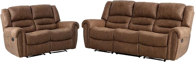 EBELLO Manual Recliner Sofa Set, Faux Leather Reclining Living Room Set, Included Loveseat Manual Recliner Sofa and 3 Seat Sofa, Brown(Loveseat+Sofa)